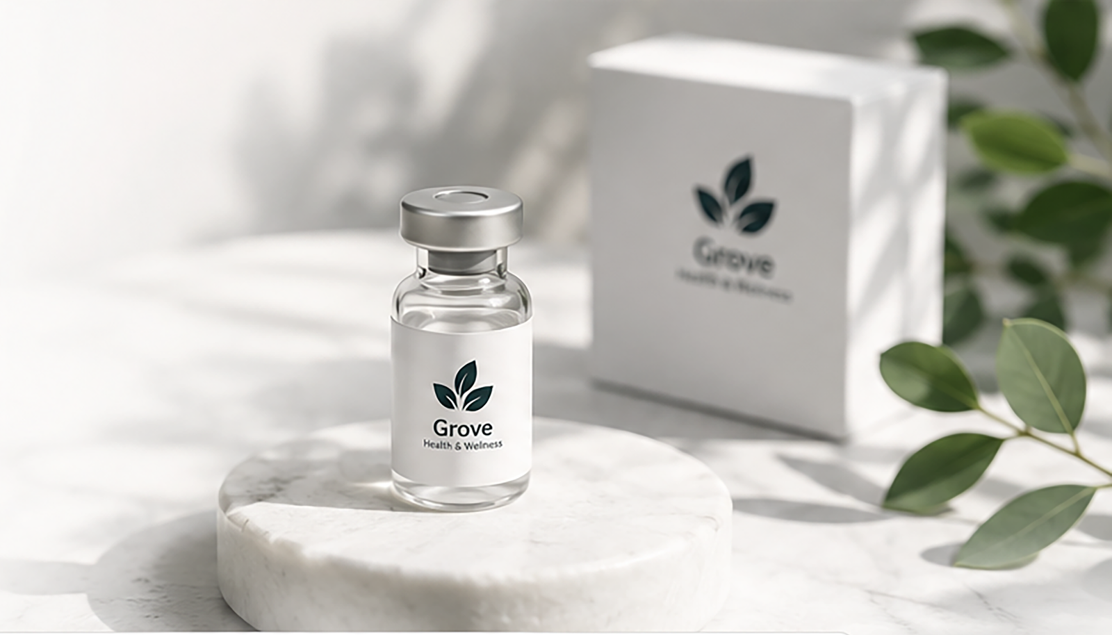 Grove peptide vial and packaging on a light surface